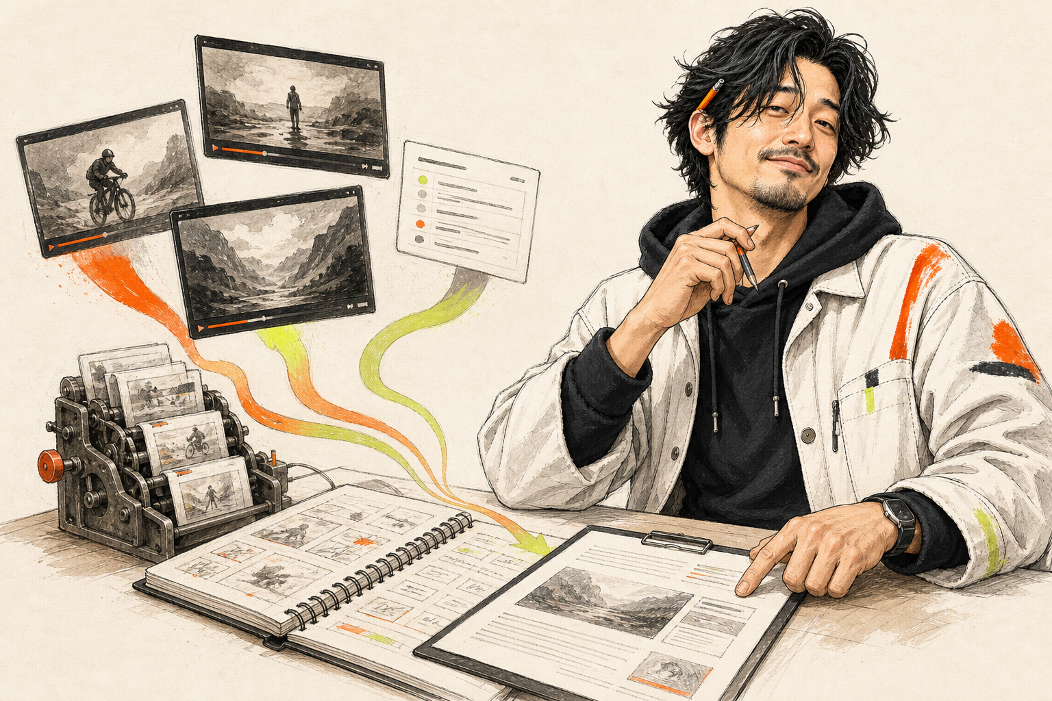 所長がAI動画ツールの公開情報を調べて記事原稿を確認しているイラスト
