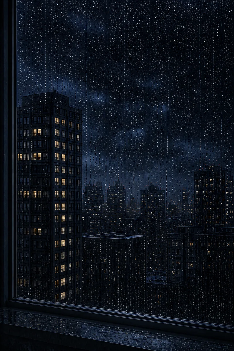 12×18インチ用の印刷候補へ変換した雨の高層階V3。雨のついた窓越しに匿名の高層都市が見える