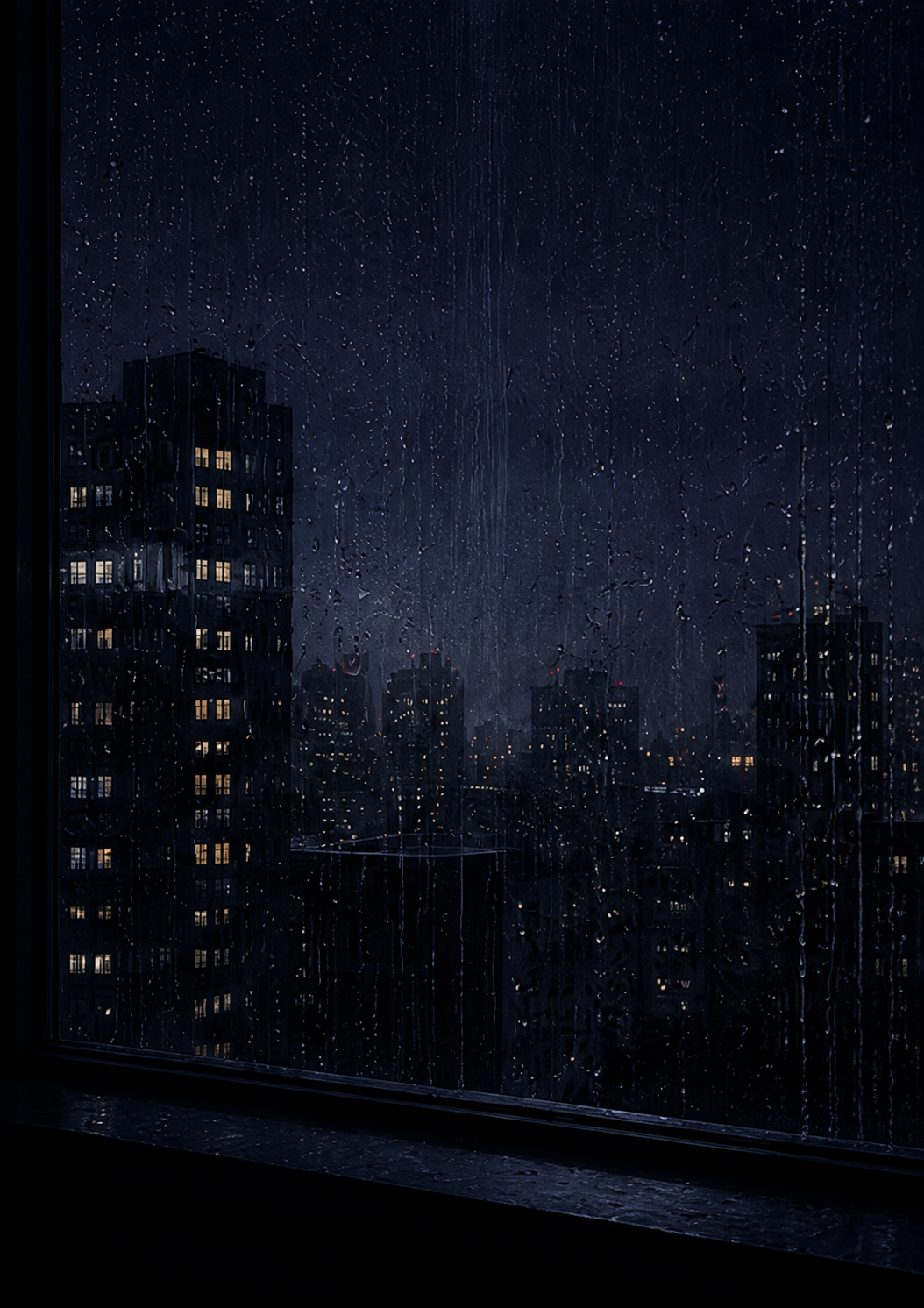 雨粒のついた窓越しに夜の高層ビル群を見下ろす窓ポスターのコンセプト画像