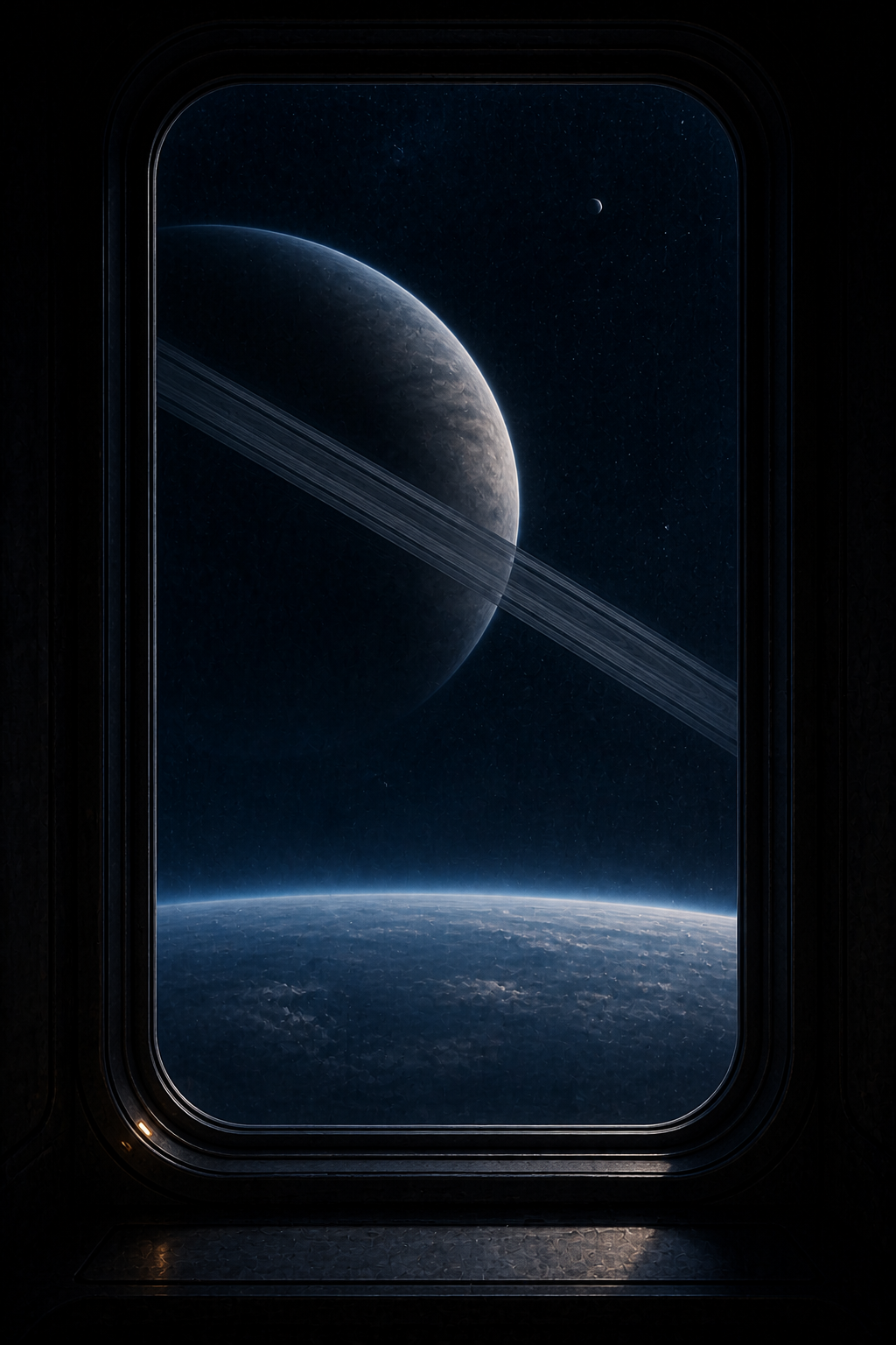 宇宙観測窓の向こうに環を持つ架空の惑星が見えるポスターのコンセプト画像